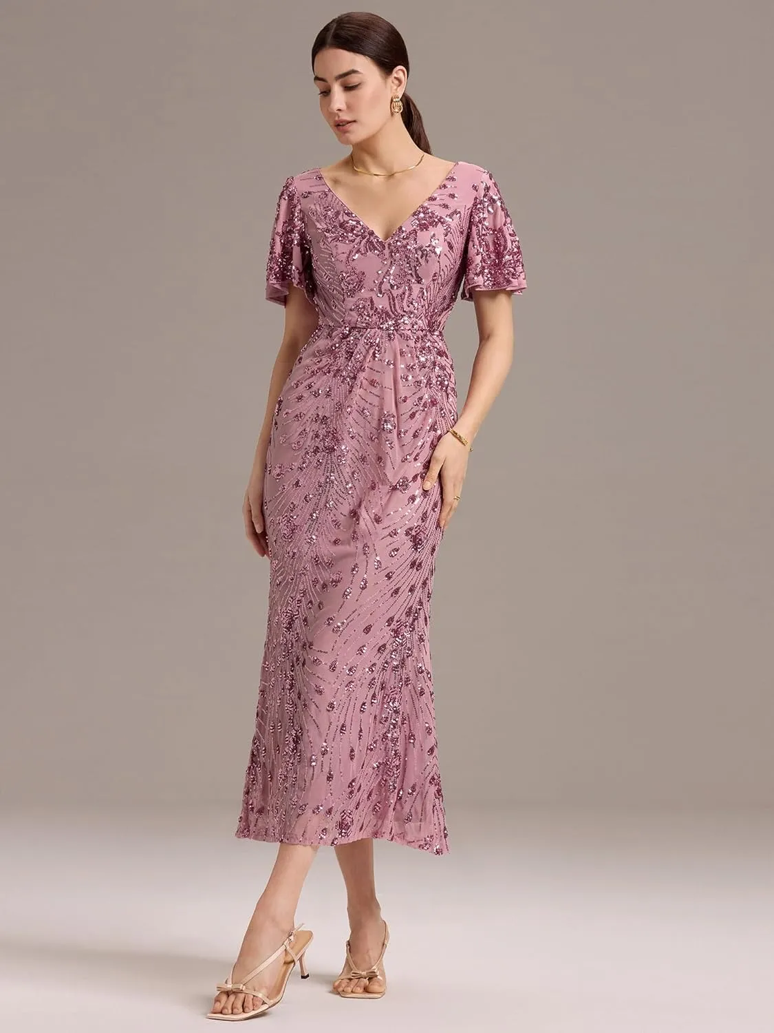 Ever-Pretty Women's Gorgeous V Neck Sequin Tulle Short Sleeves Maxi Evening Gowns 02370