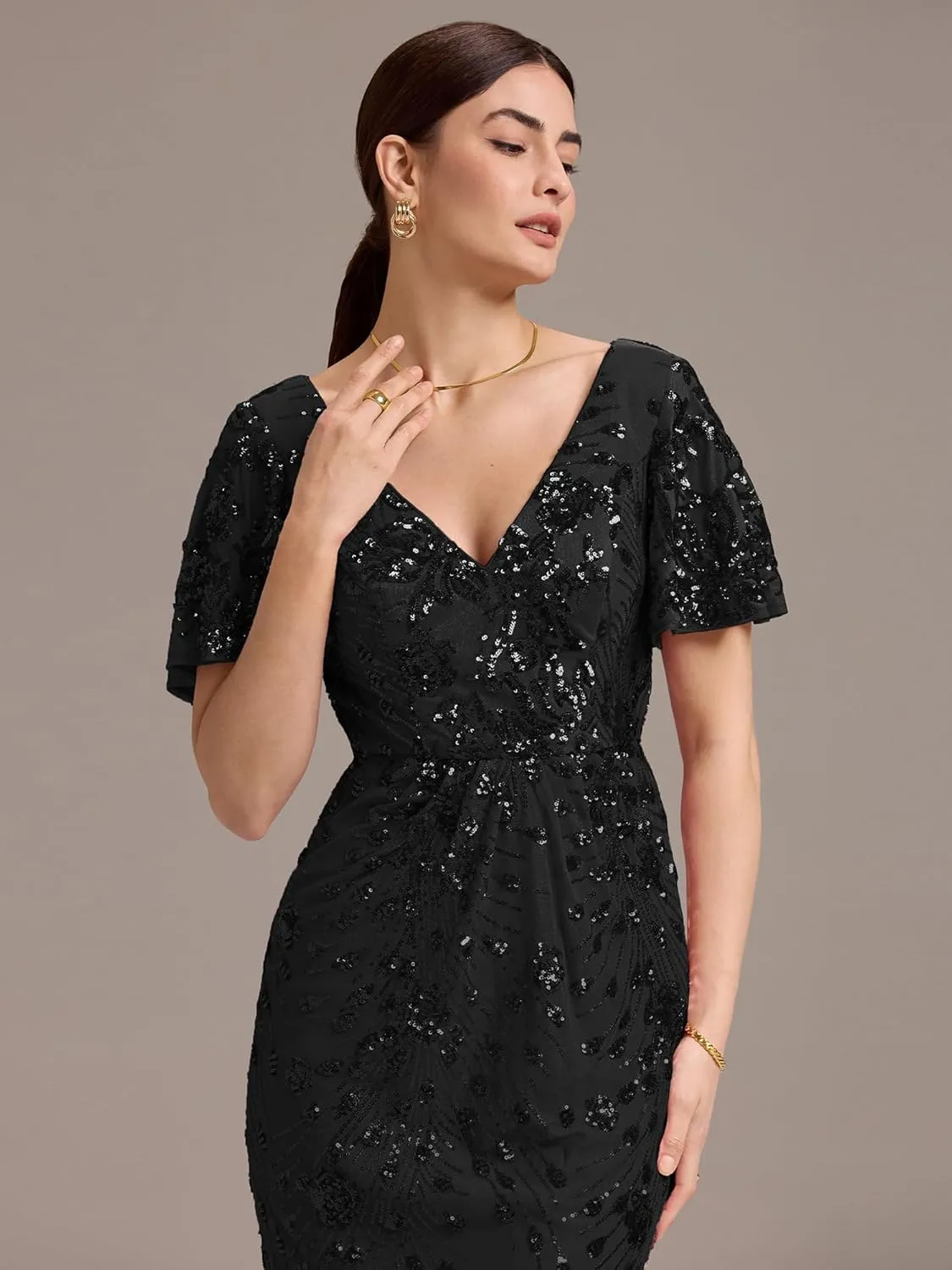 Ever-Pretty Women's Gorgeous V Neck Sequin Tulle Short Sleeves Maxi Evening Gowns 02370