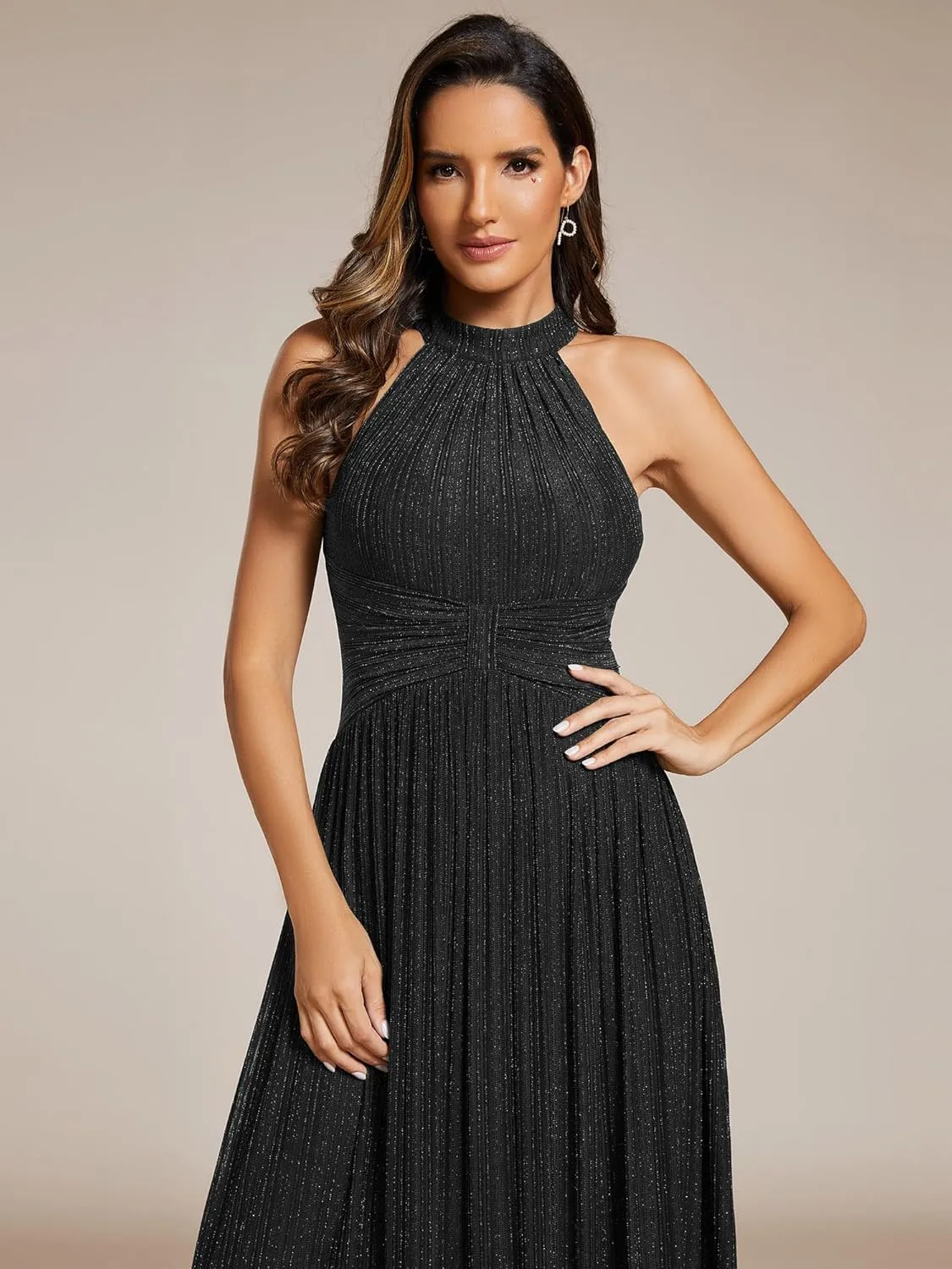 Ever-Pretty Women's Halter Neck Summer Formal Dresses Sleeveless Pletaed Floor Length Glitter Evening Dresses 41961
