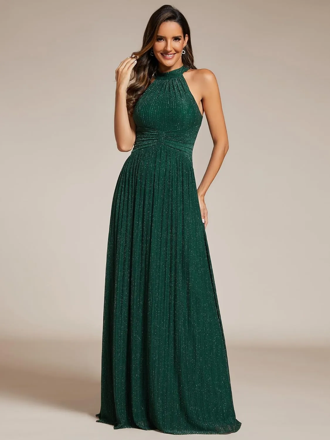 Ever-Pretty Women's Halter Neck Summer Formal Dresses Sleeveless Pletaed Floor Length Glitter Evening Dresses 41961