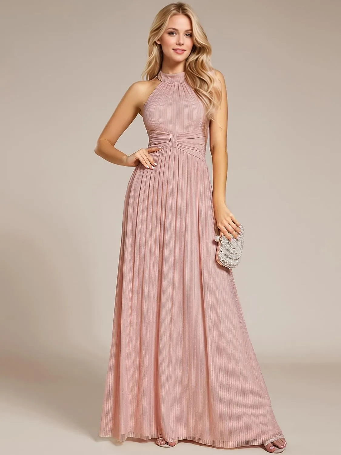 Ever-Pretty Women's Halter Neck Summer Formal Dresses Sleeveless Pletaed Floor Length Glitter Evening Dresses 41961