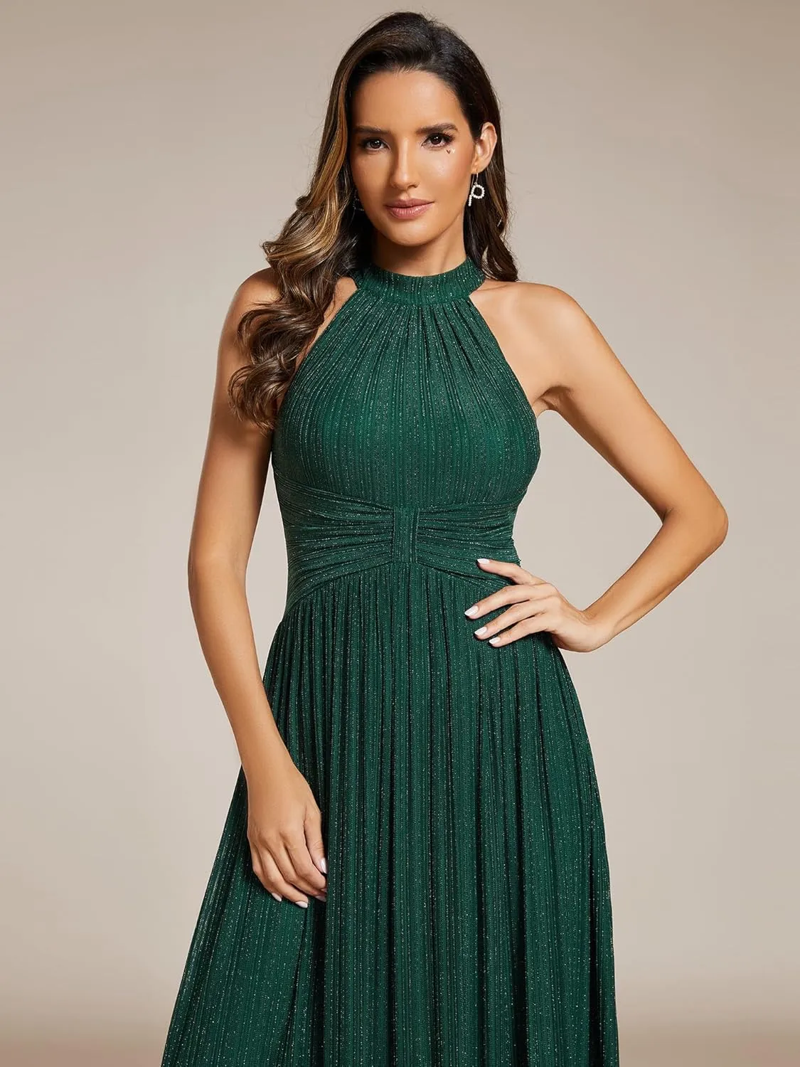Ever-Pretty Women's Halter Neck Summer Formal Dresses Sleeveless Pletaed Floor Length Glitter Evening Dresses 41961