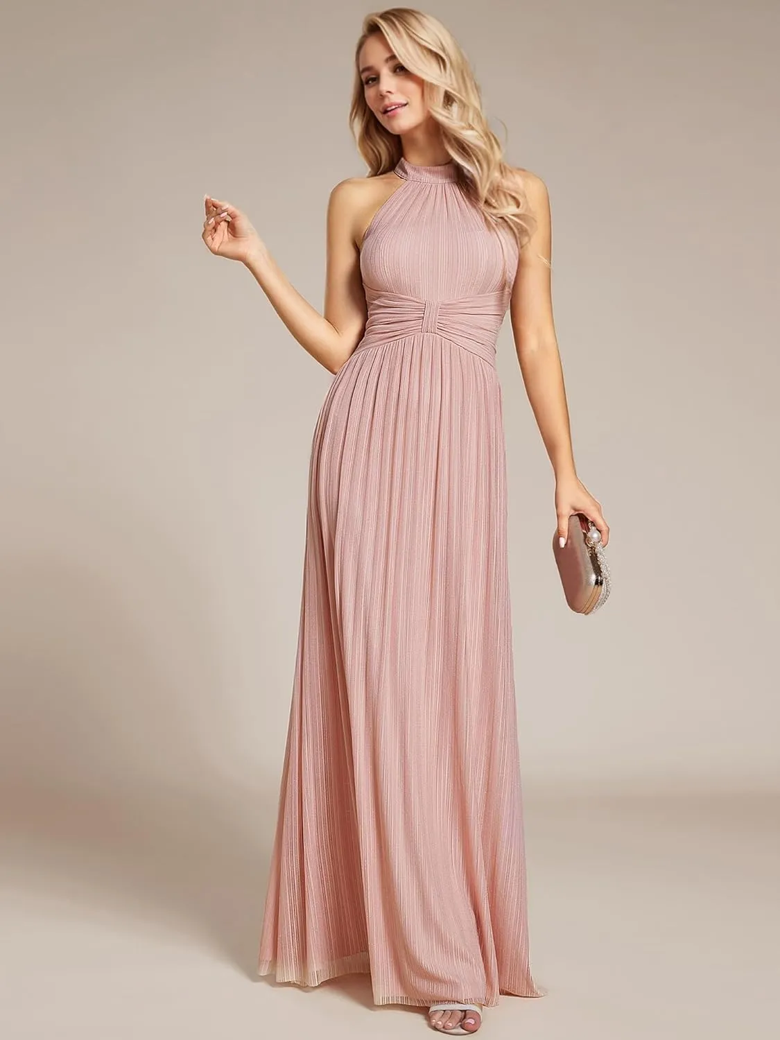 Ever-Pretty Women's Halter Neck Summer Formal Dresses Sleeveless Pletaed Floor Length Glitter Evening Dresses 41961