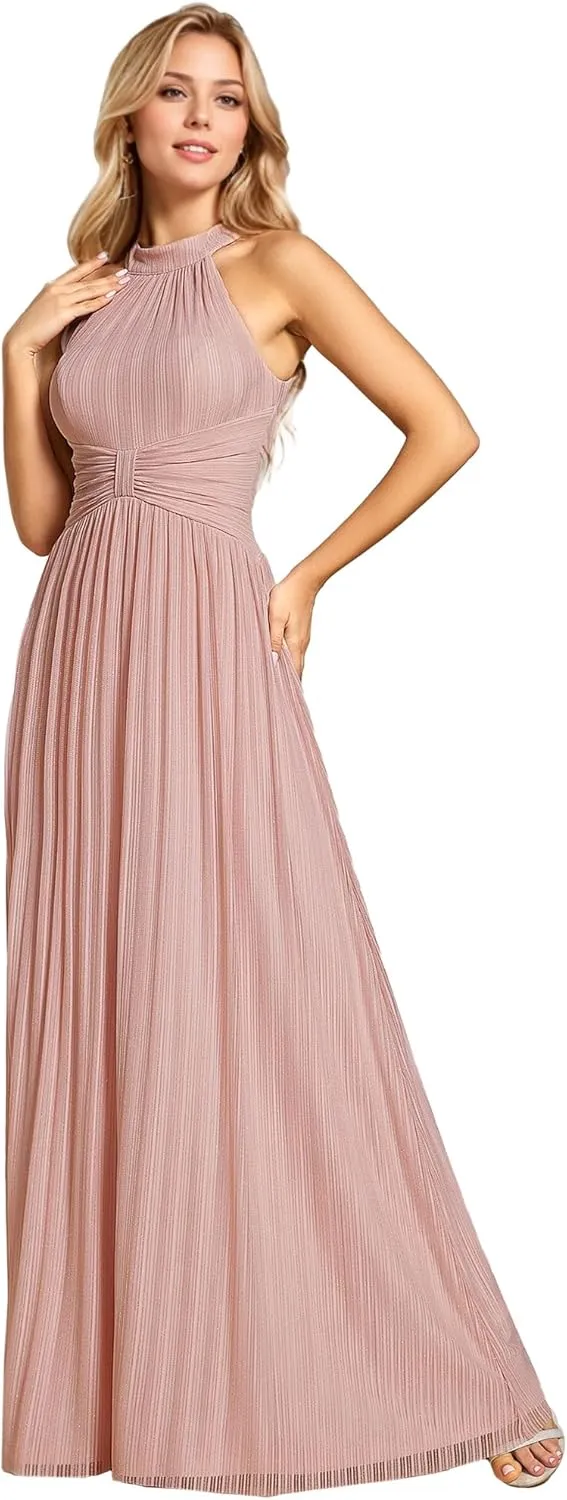 Ever-Pretty Women's Halter Neck Summer Formal Dresses Sleeveless Pletaed Floor Length Glitter Evening Dresses 41961