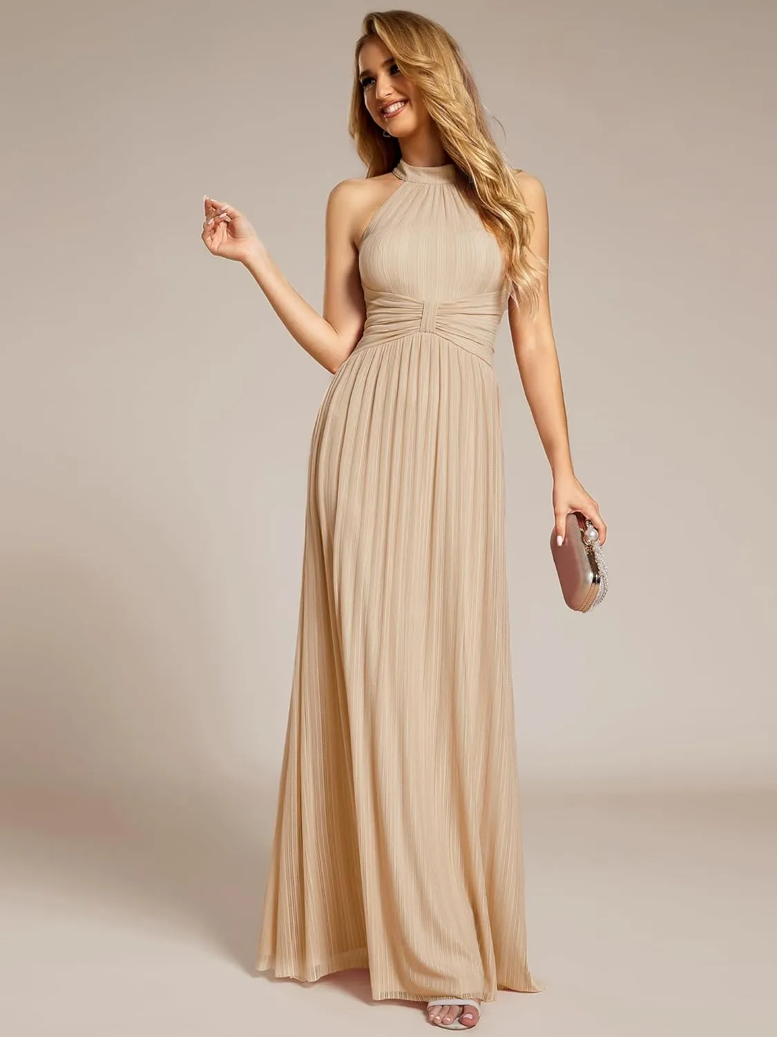 Ever-Pretty Women's Halter Neck Summer Formal Dresses Sleeveless Pletaed Floor Length Glitter Evening Dresses 41961
