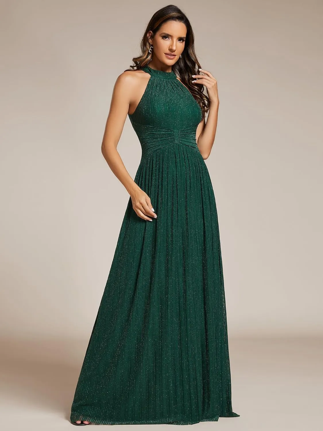 Ever-Pretty Women's Halter Neck Summer Formal Dresses Sleeveless Pletaed Floor Length Glitter Evening Dresses 41961