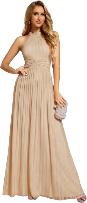Ever-Pretty Women's Halter Neck Summer Formal Dresses Sleeveless Pletaed Floor Length Glitter Evening Dresses 41961