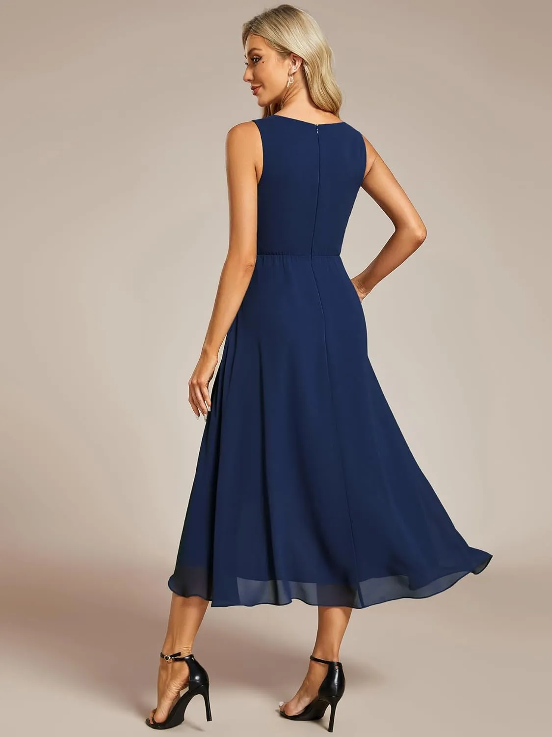 Ever-Pretty Women's Hi-Lo Sleeveless V Neck Appliques Flowy Chiffon Midi Formal Dress for Wedding Guest 41926
