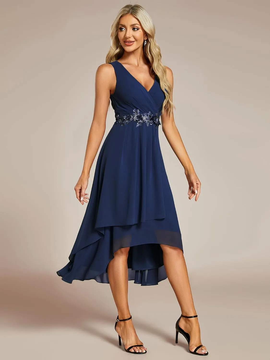 Ever-Pretty Women's Hi-Lo Sleeveless V Neck Appliques Flowy Chiffon Midi Formal Dress for Wedding Guest 41926