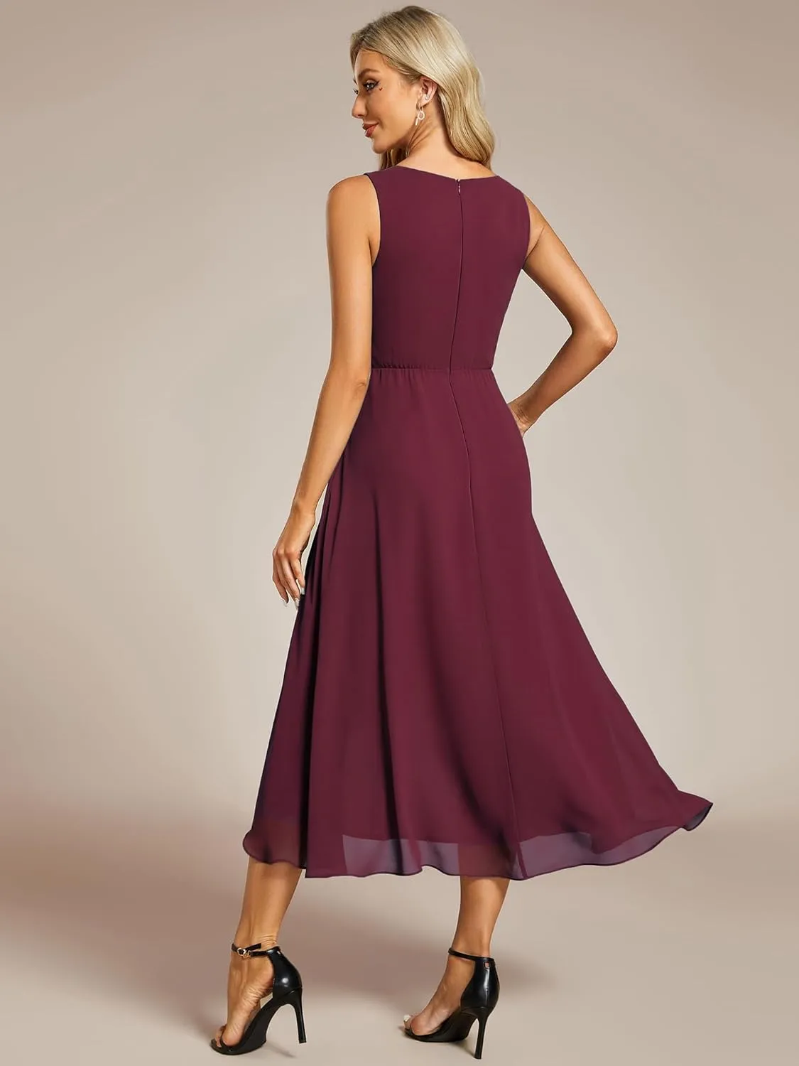 Ever-Pretty Women's Hi-Lo Sleeveless V Neck Appliques Flowy Chiffon Midi Formal Dress for Wedding Guest 41926