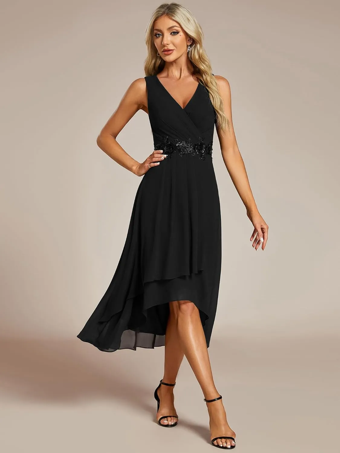 Ever-Pretty Women's Hi-Lo Sleeveless V Neck Appliques Flowy Chiffon Midi Formal Dress for Wedding Guest 41926