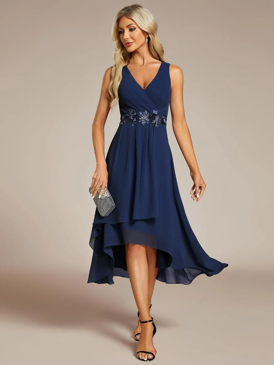 Ever-Pretty Women's Hi-Lo Sleeveless V Neck Appliques Flowy Chiffon Midi Formal Dress for Wedding Guest 41926