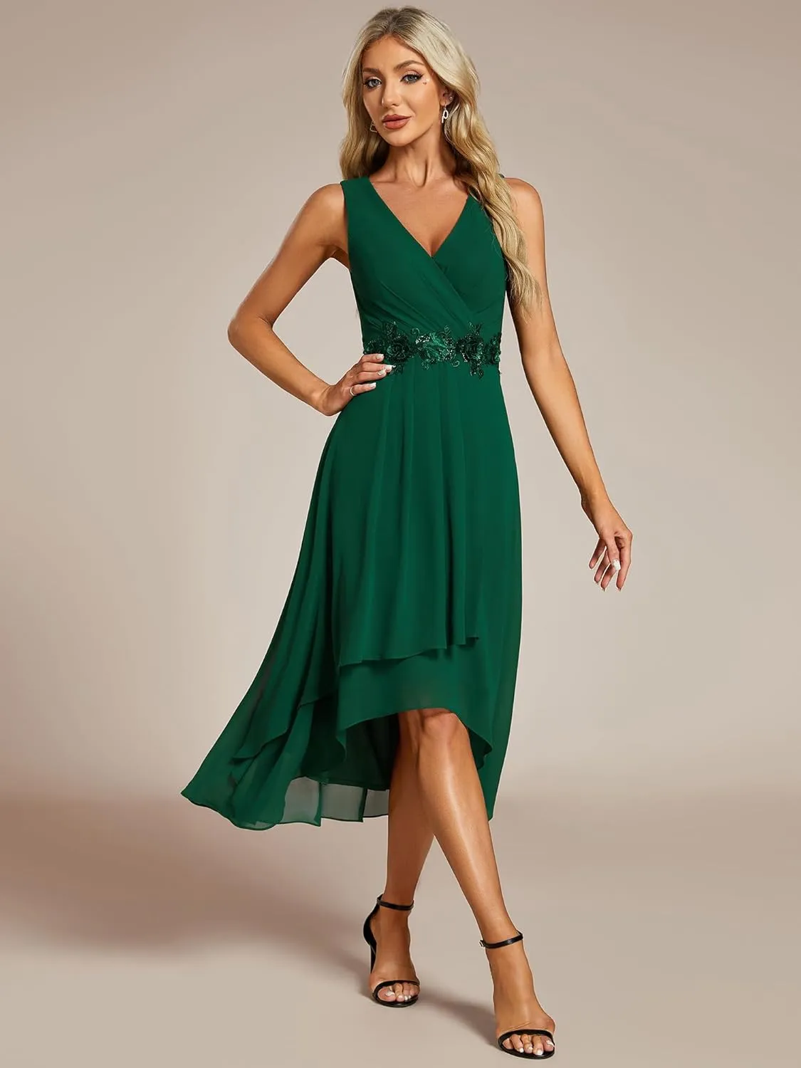 Ever-Pretty Women's Hi-Lo Sleeveless V Neck Appliques Flowy Chiffon Midi Formal Dress for Wedding Guest 41926