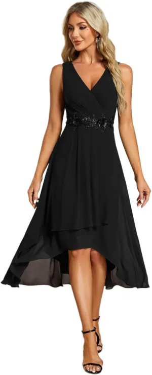 Ever-Pretty Women's Hi-Lo Sleeveless V Neck Appliques Flowy Chiffon Midi Formal Dress for Wedding Guest 41926