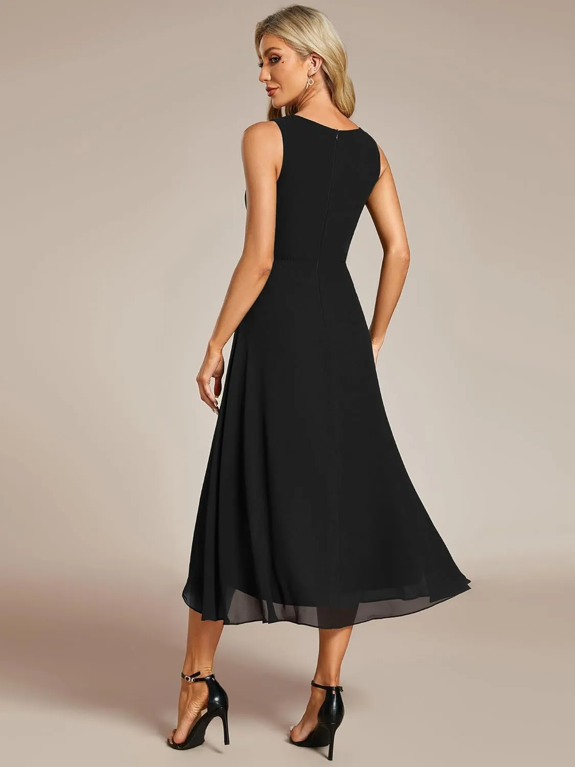 Ever-Pretty Women's Hi-Lo Sleeveless V Neck Appliques Flowy Chiffon Midi Formal Dress for Wedding Guest 41926