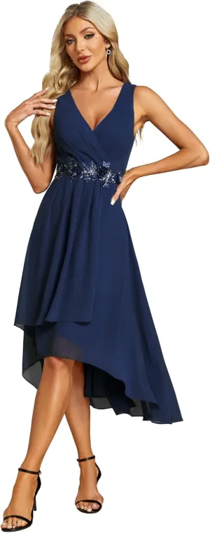 Ever-Pretty Women's Hi-Lo Sleeveless V Neck Appliques Flowy Chiffon Midi Formal Dress for Wedding Guest 41926