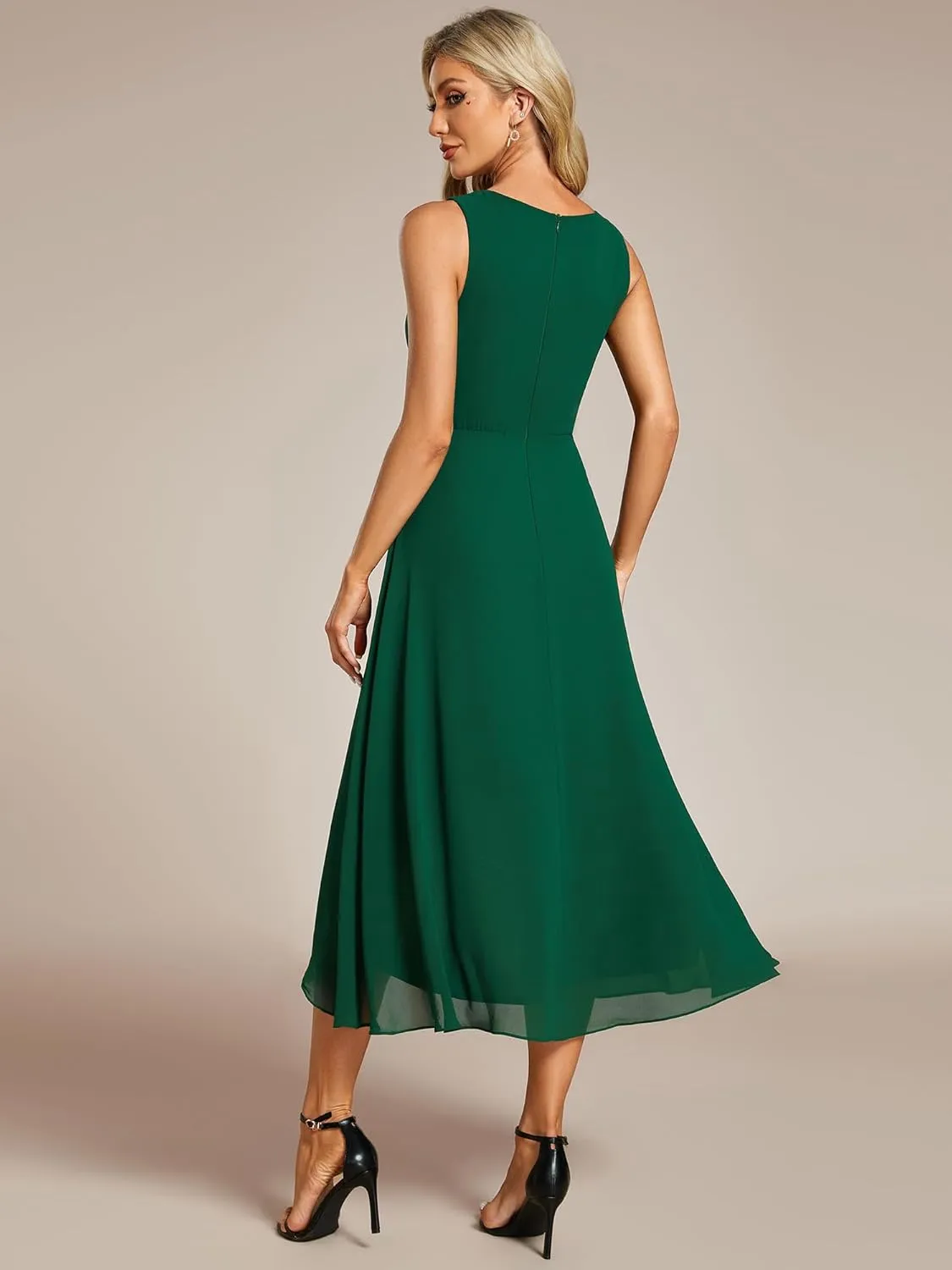 Ever-Pretty Women's Hi-Lo Sleeveless V Neck Appliques Flowy Chiffon Midi Formal Dress for Wedding Guest 41926
