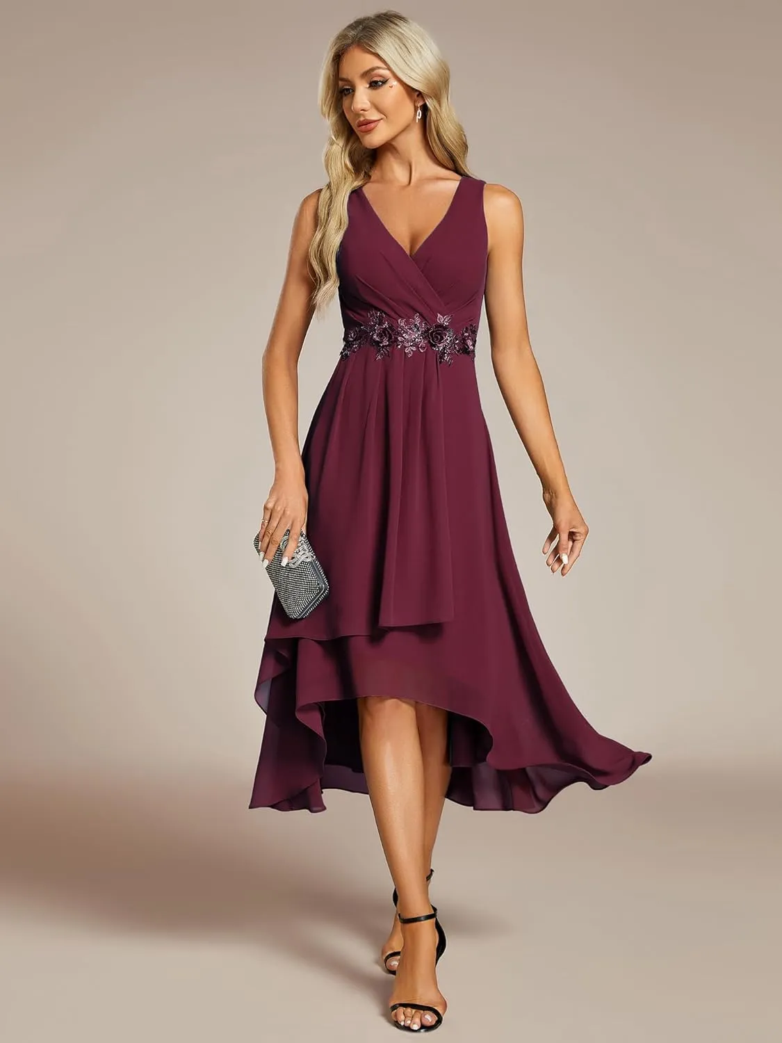 Ever-Pretty Women's Hi-Lo Sleeveless V Neck Appliques Flowy Chiffon Midi Formal Dress for Wedding Guest 41926