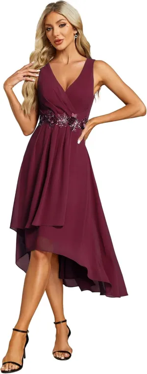 Ever-Pretty Women's Hi-Lo Sleeveless V Neck Appliques Flowy Chiffon Midi Formal Dress for Wedding Guest 41926