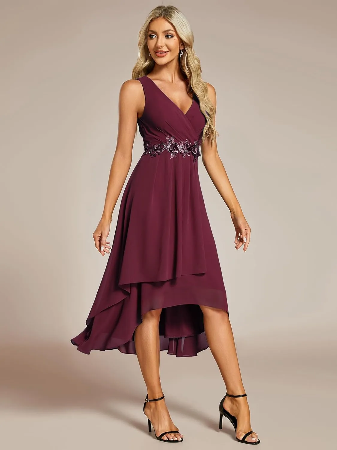 Ever-Pretty Women's Hi-Lo Sleeveless V Neck Appliques Flowy Chiffon Midi Formal Dress for Wedding Guest 41926