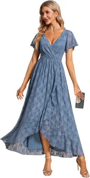 Ever-Pretty Women's Lace V Neck Ruffles Sleeves Pleated Empire Waist A-Line Maxi Formal Dresses 01489