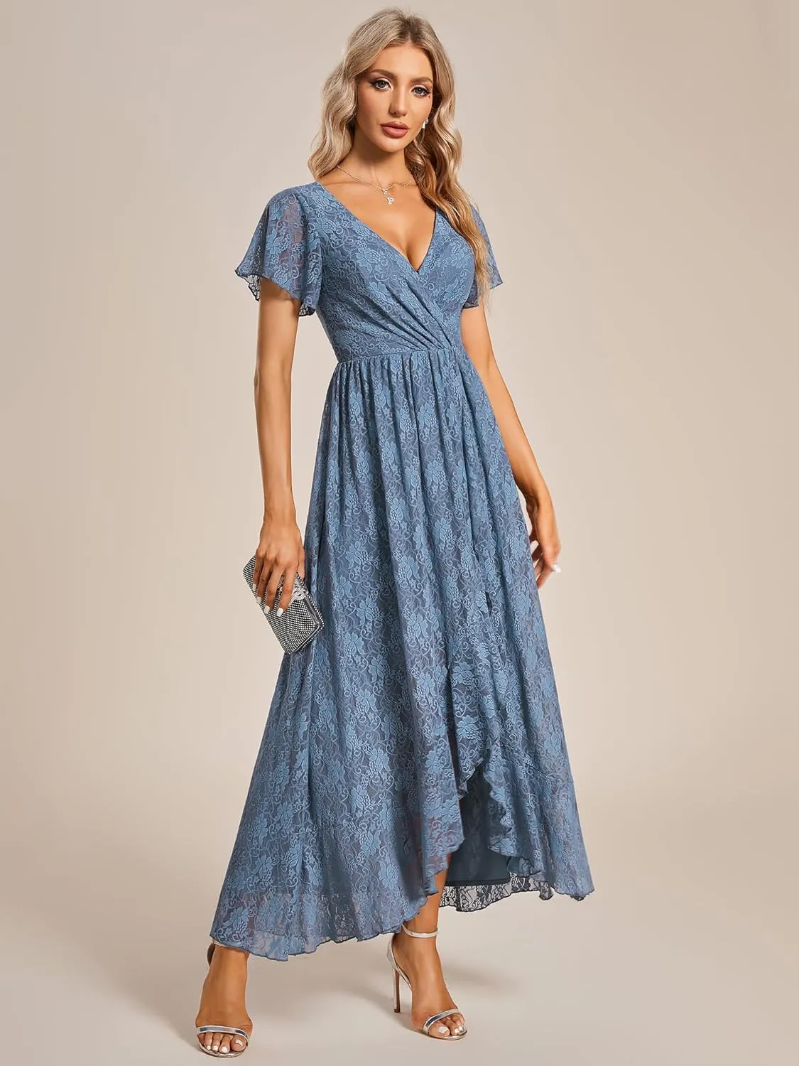 Ever-Pretty Women's Lace V Neck Ruffles Sleeves Pleated Empire Waist A-Line Maxi Formal Dresses 01489