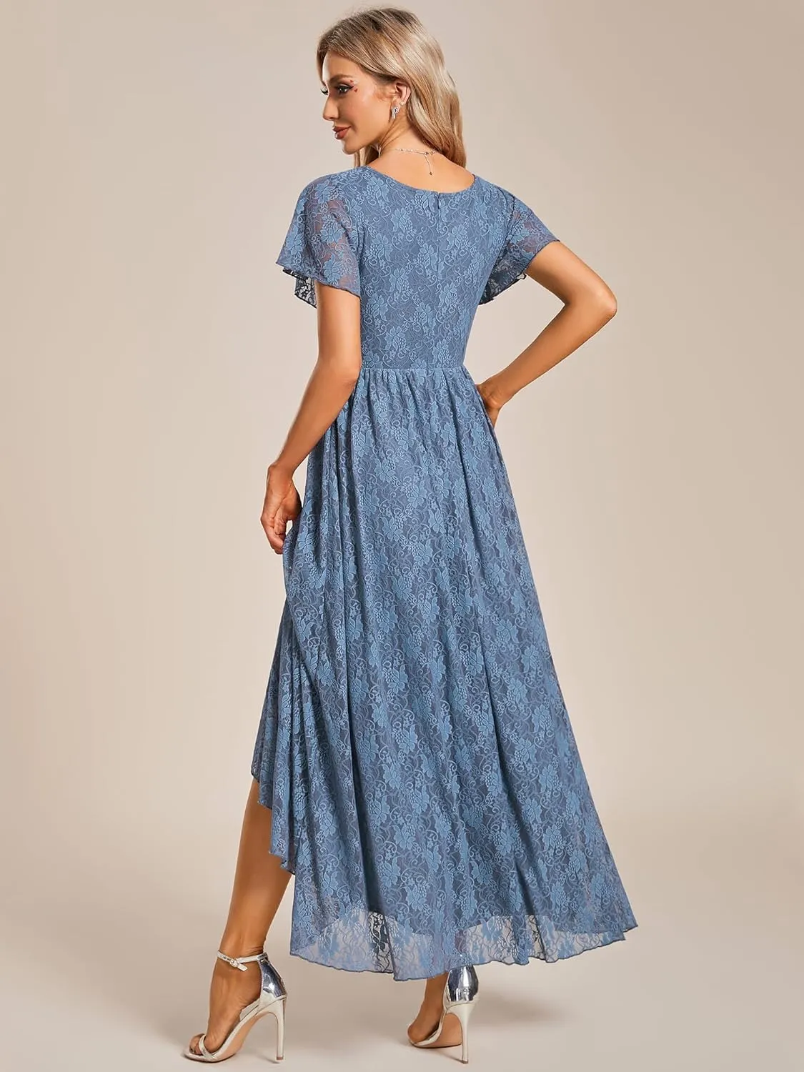 Ever-Pretty Women's Lace V Neck Ruffles Sleeves Pleated Empire Waist A-Line Maxi Formal Dresses 01489
