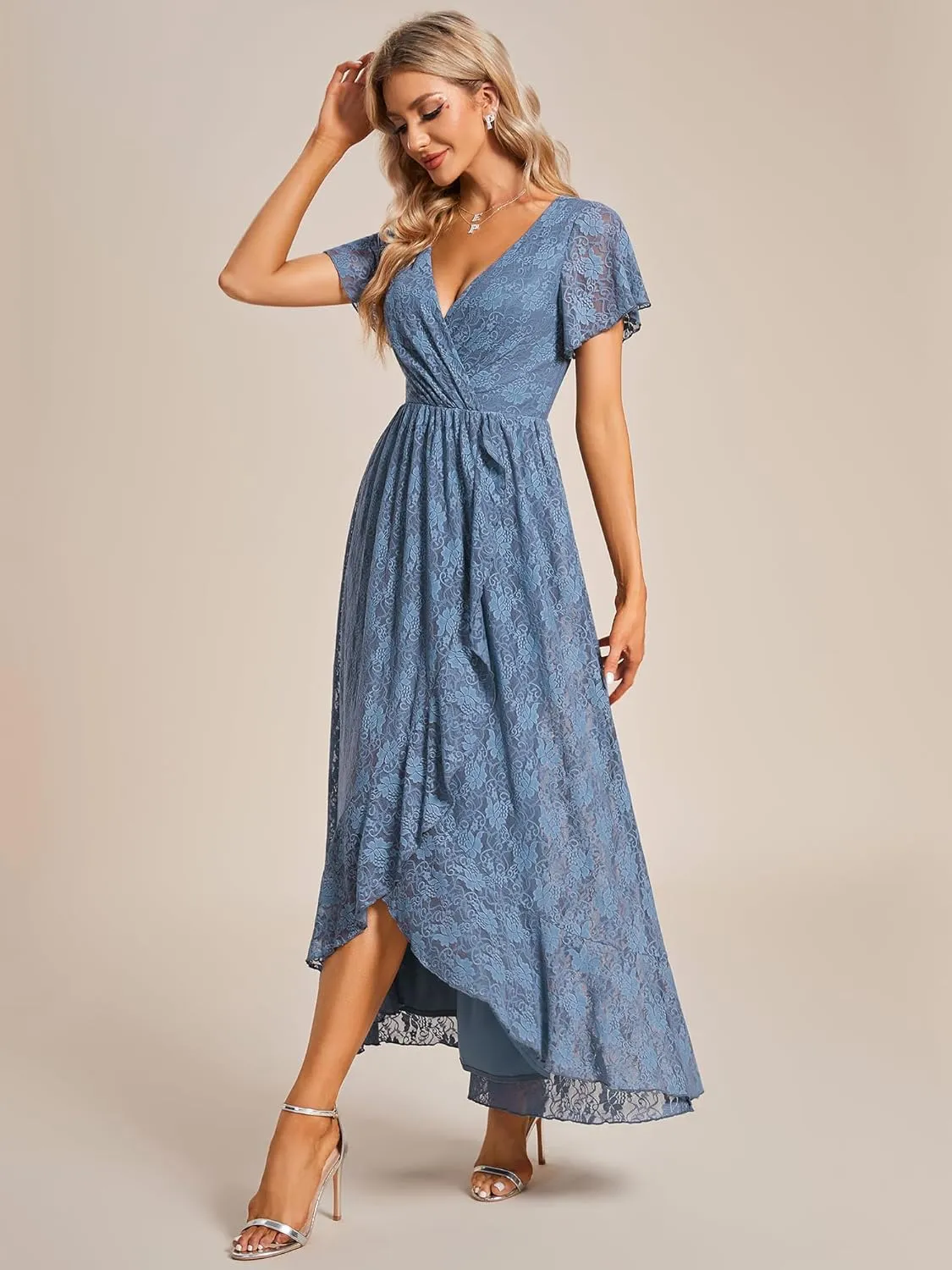 Ever-Pretty Women's Lace V Neck Ruffles Sleeves Pleated Empire Waist A-Line Maxi Formal Dresses 01489