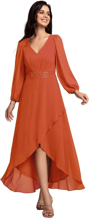 Ever-Pretty Women's Long Sleeves V Neck A Line Appliques Midi Chiffon Maxi Formal Dresses 03027