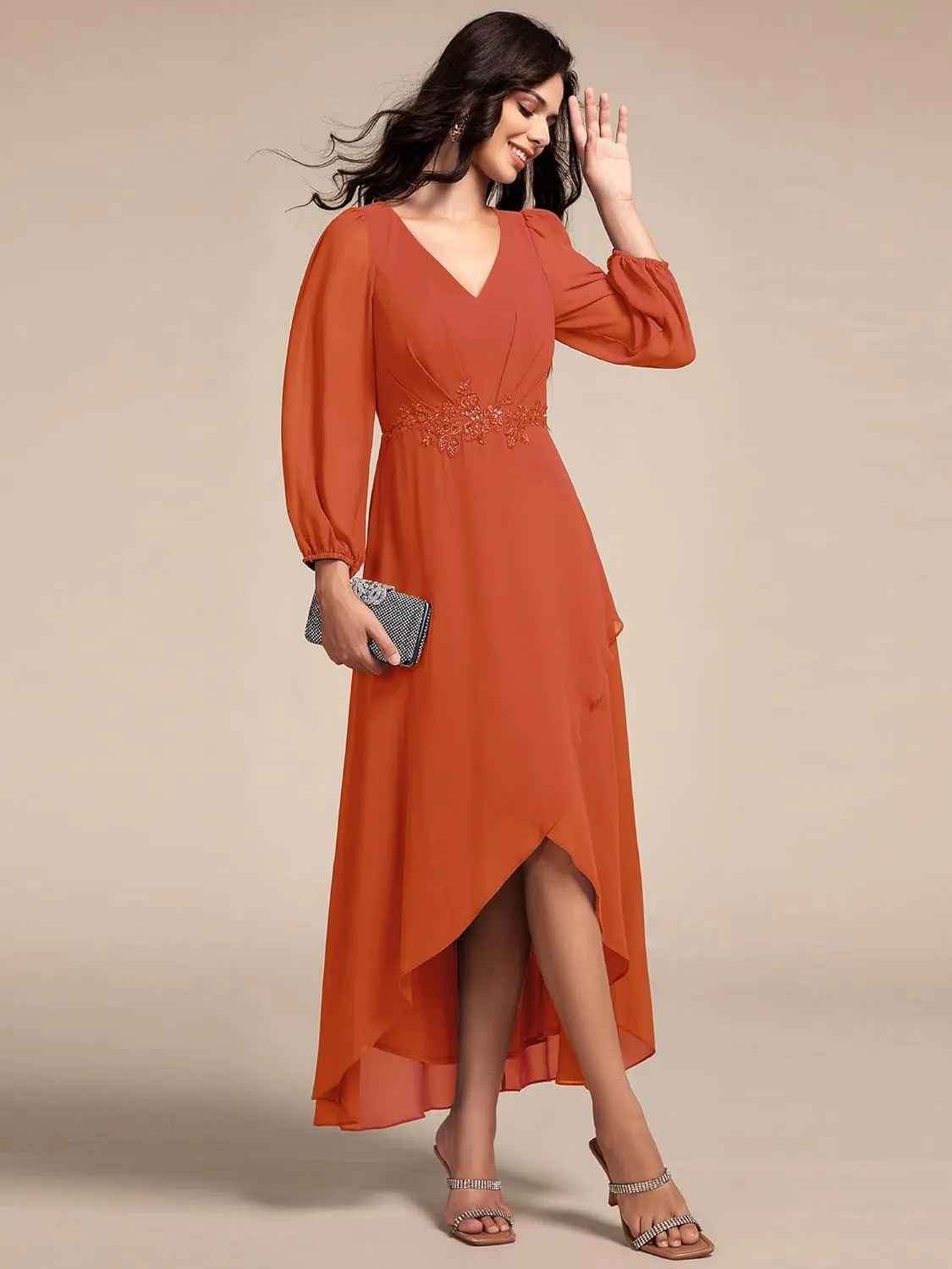 Ever-Pretty Women's Long Sleeves V Neck A Line Appliques Midi Chiffon Maxi Formal Dresses 03027