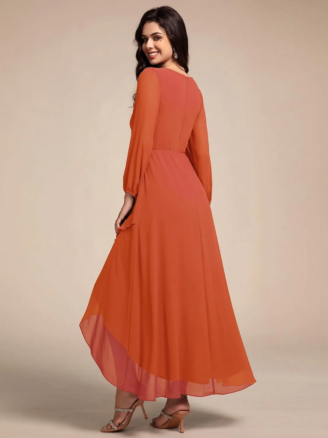 Ever-Pretty Women's Long Sleeves V Neck A Line Appliques Midi Chiffon Maxi Formal Dresses 03027