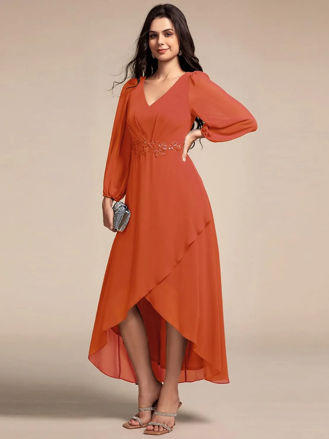 Ever-Pretty Women's Long Sleeves V Neck A Line Appliques Midi Chiffon Maxi Formal Dresses 03027