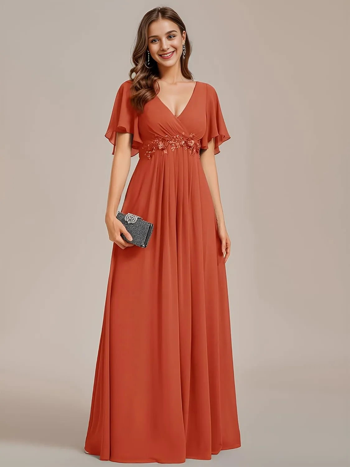 Ever-Pretty Women's Mother's Dress Chiffon V Neck A Line Appliques Waist Formal Dresses 01960