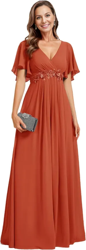Ever-Pretty Women's Mother's Dress Chiffon V Neck A Line Appliques Waist Formal Dresses 01960