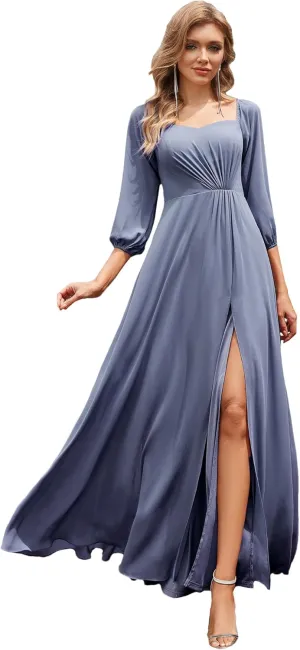 Ever-Pretty Women's Off Shoulder Lantern Sleeves A Line Split Maxi Bridesmaid Dresses S0002