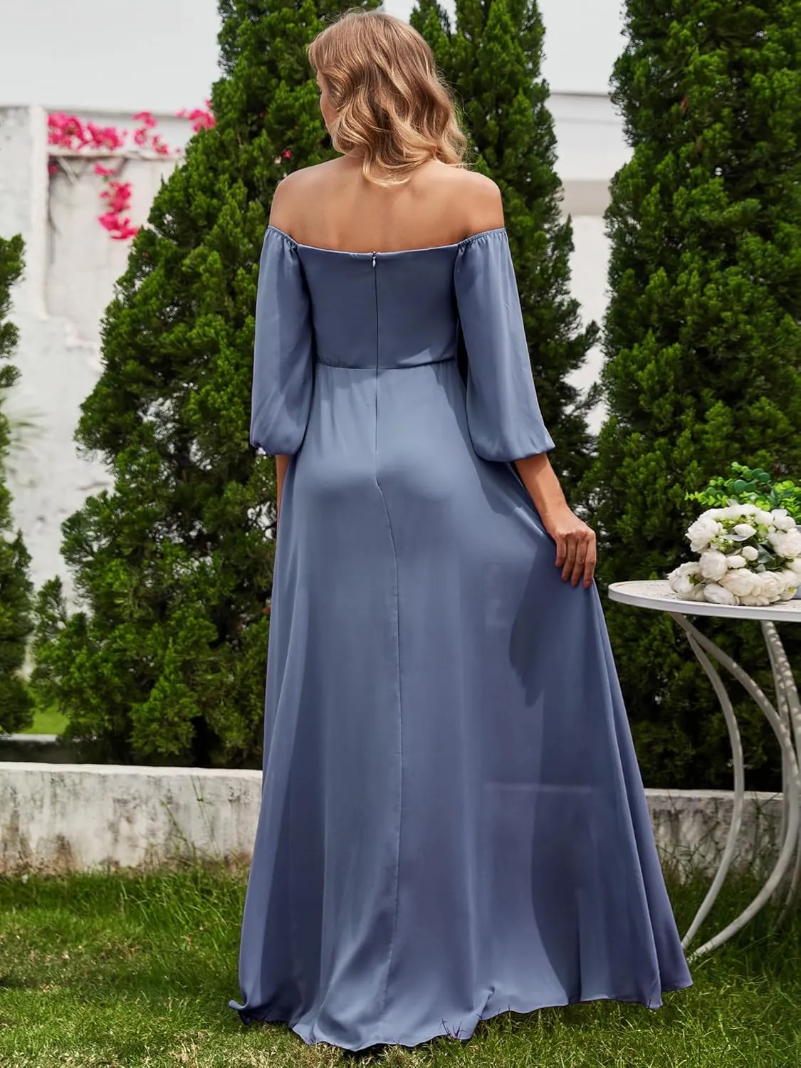 Ever-Pretty Women's Off Shoulder Lantern Sleeves A Line Split Maxi Bridesmaid Dresses S0002