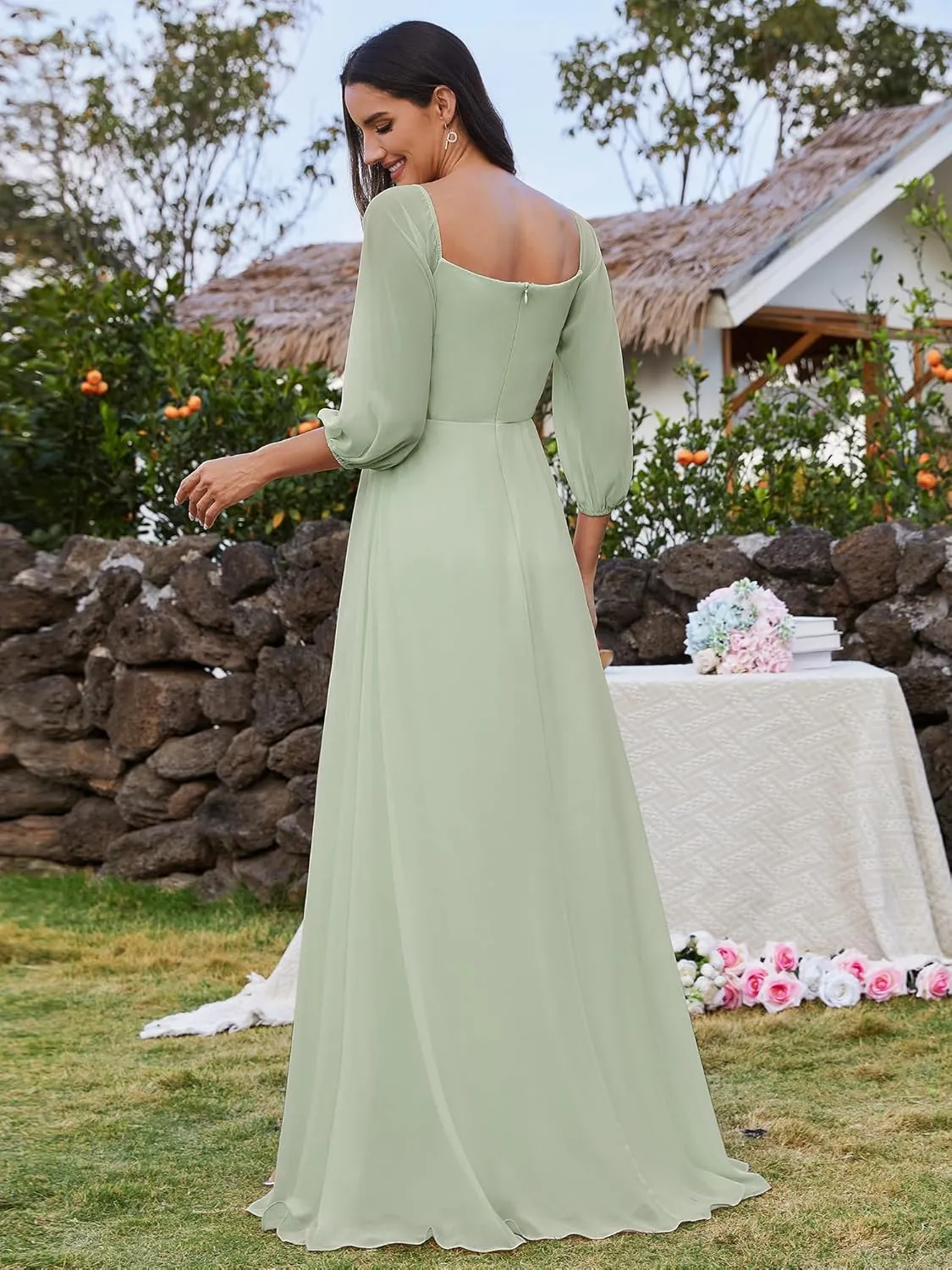 Ever-Pretty Women's Off Shoulder Lantern Sleeves A Line Split Maxi Bridesmaid Dresses S0002