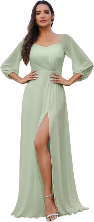 Ever-Pretty Women's Off Shoulder Lantern Sleeves A Line Split Maxi Bridesmaid Dresses S0002