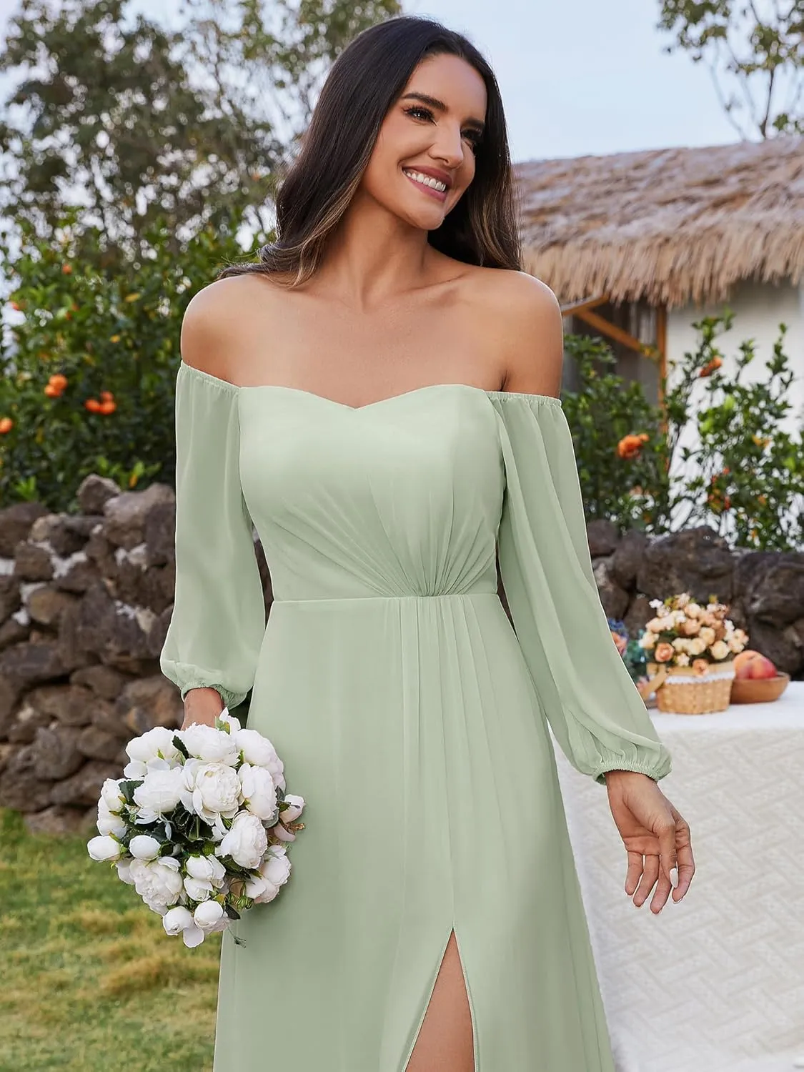 Ever-Pretty Women's Off Shoulder Lantern Sleeves A Line Split Maxi Bridesmaid Dresses S0002