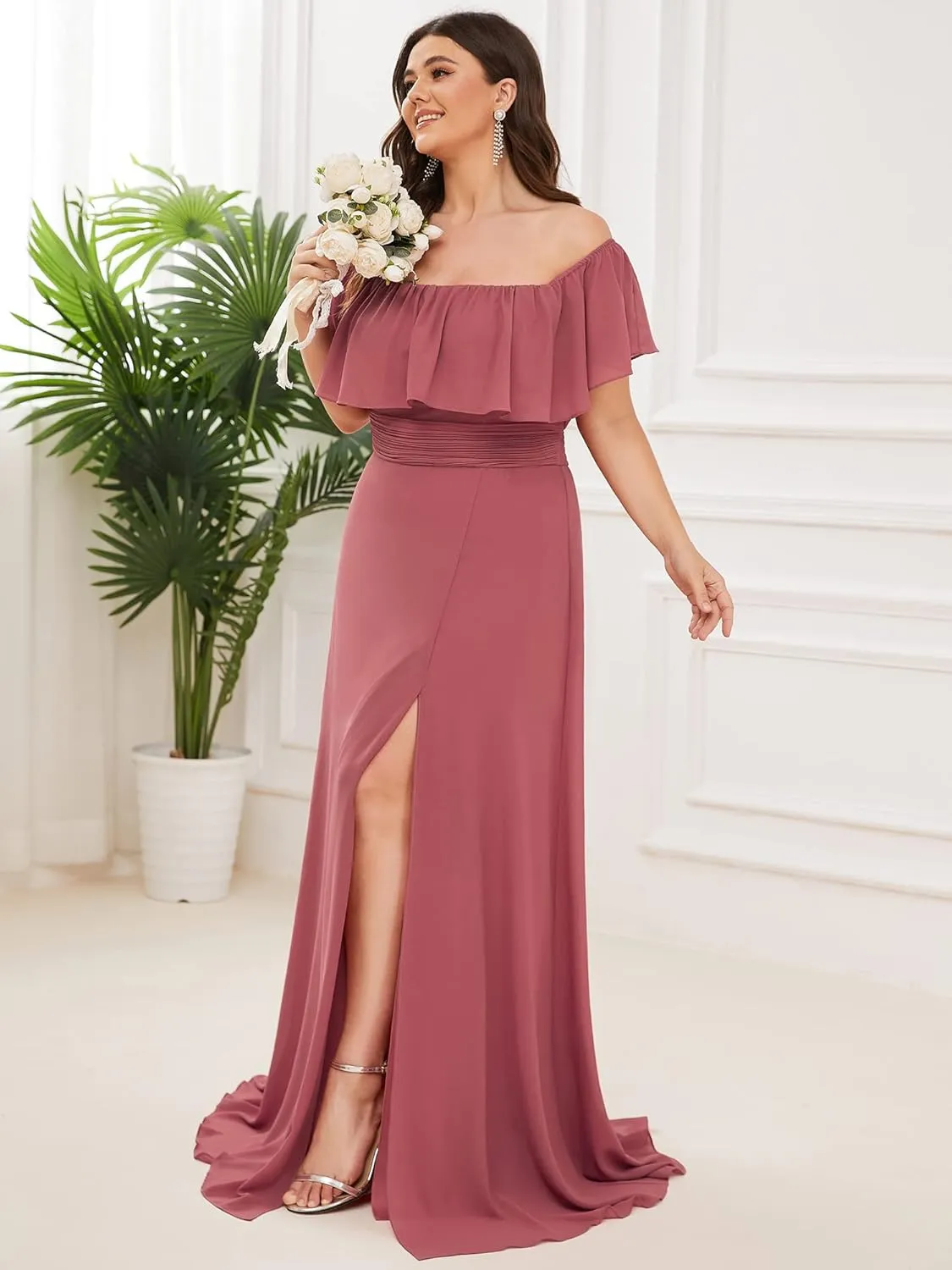 Ever-Pretty Women's Off Shoulder Short Sleeves Side Split Chiffon Plus Size Semi Formal Wedding Guest Dresses for Women