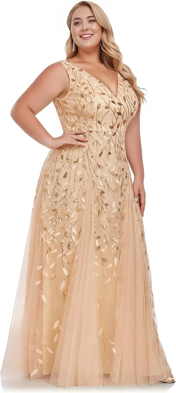 Ever-Pretty Womens Plus Size V Neck A-line Sleeveless Sequin Emboridery Formal Dresses