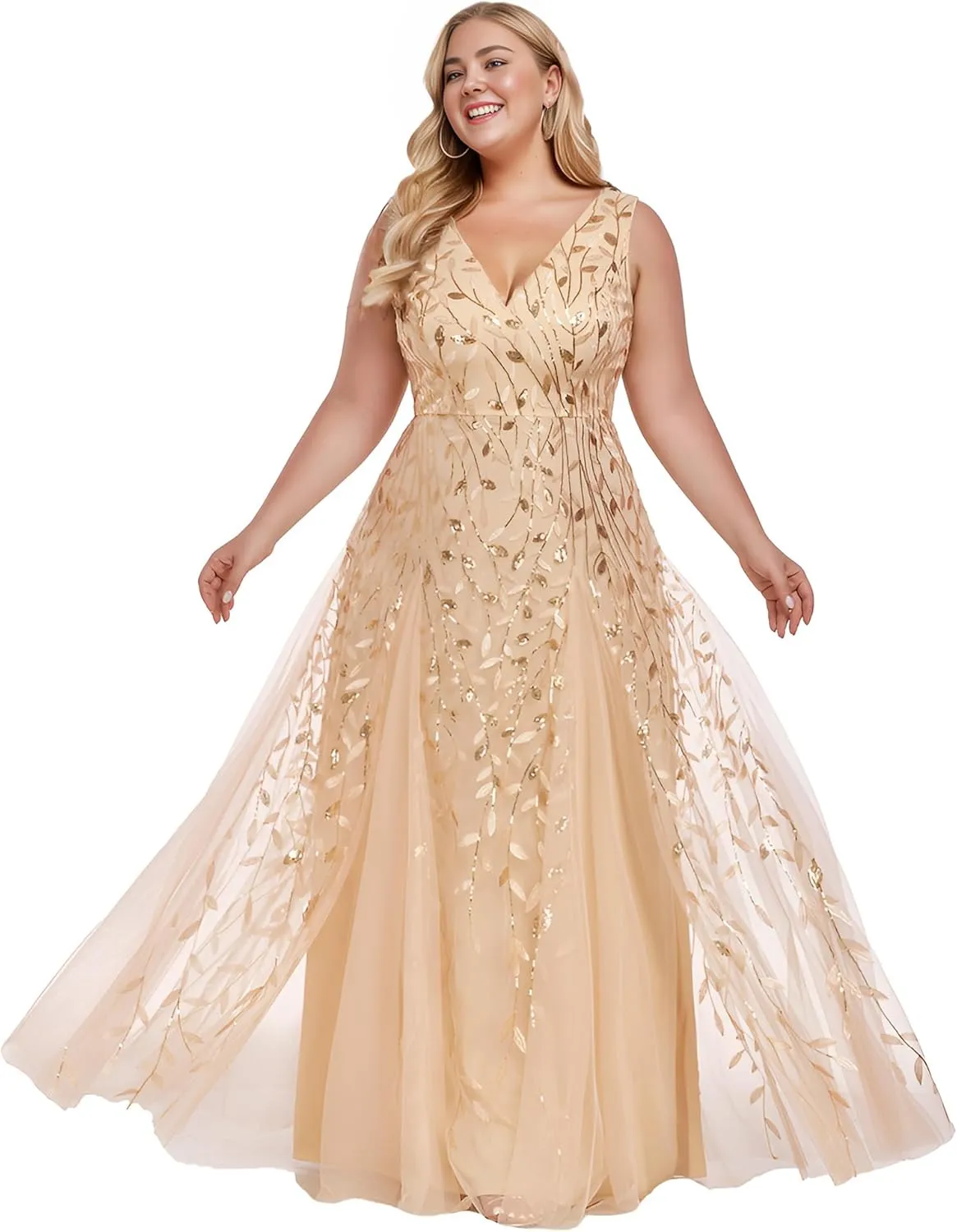 Ever-Pretty Womens Plus Size V Neck A-line Sleeveless Sequin Emboridery Formal Dresses