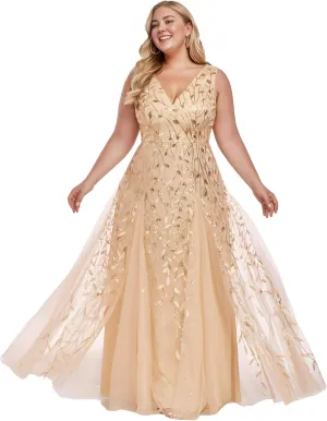 Ever-Pretty Womens Plus Size V Neck A-line Sleeveless Sequin Emboridery Formal Dresses