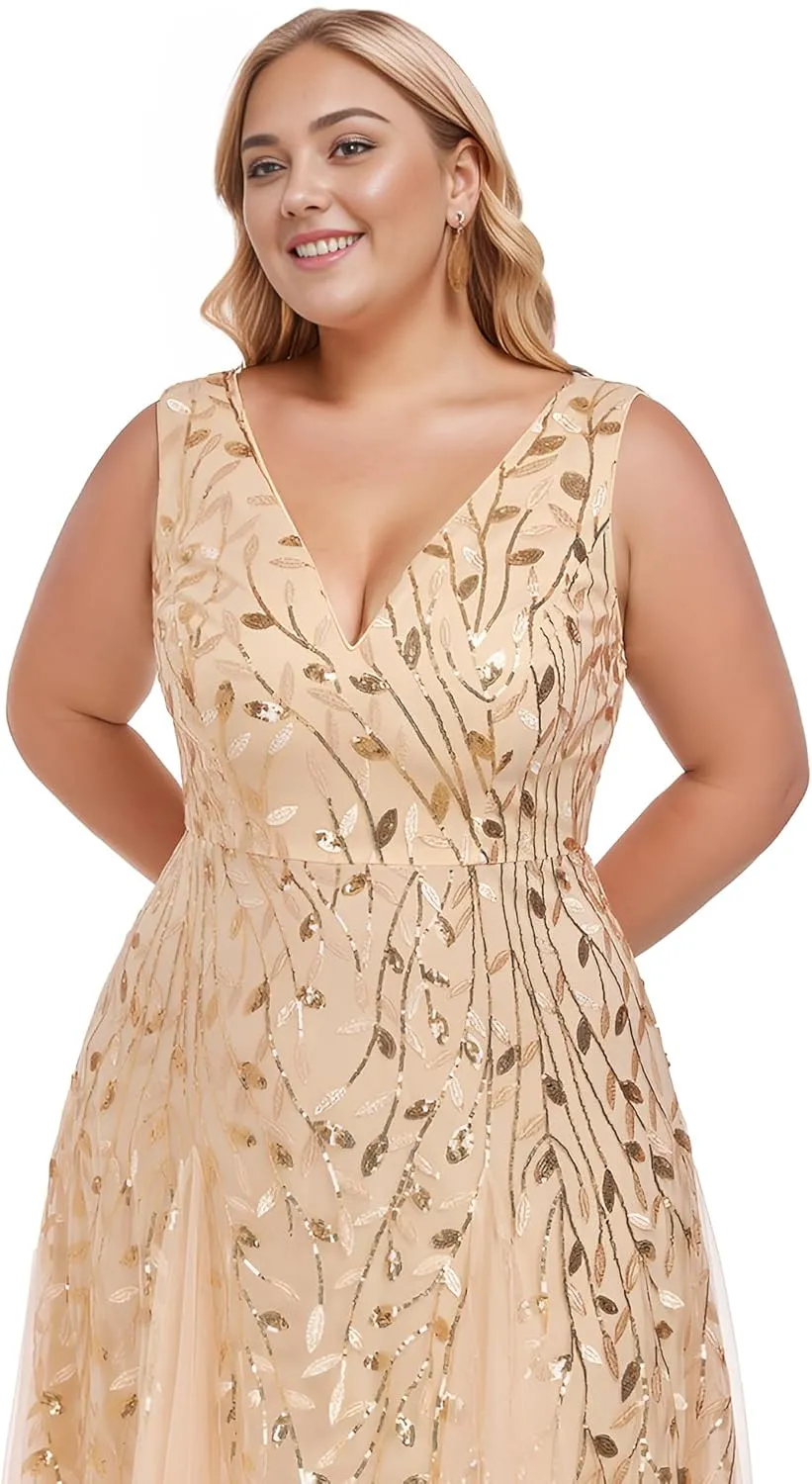 Ever-Pretty Womens Plus Size V Neck A-line Sleeveless Sequin Emboridery Formal Dresses