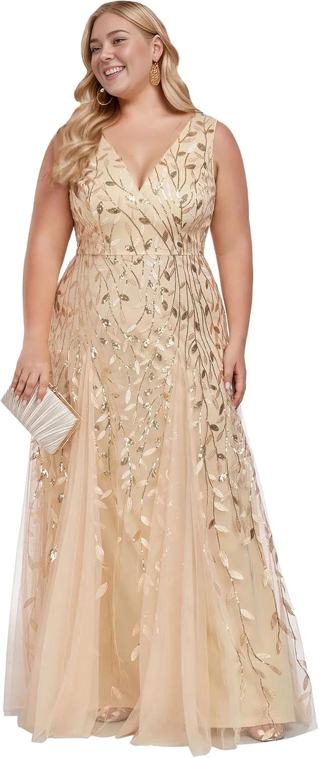 Ever-Pretty Womens Plus Size V Neck A-line Sleeveless Sequin Emboridery Formal Dresses