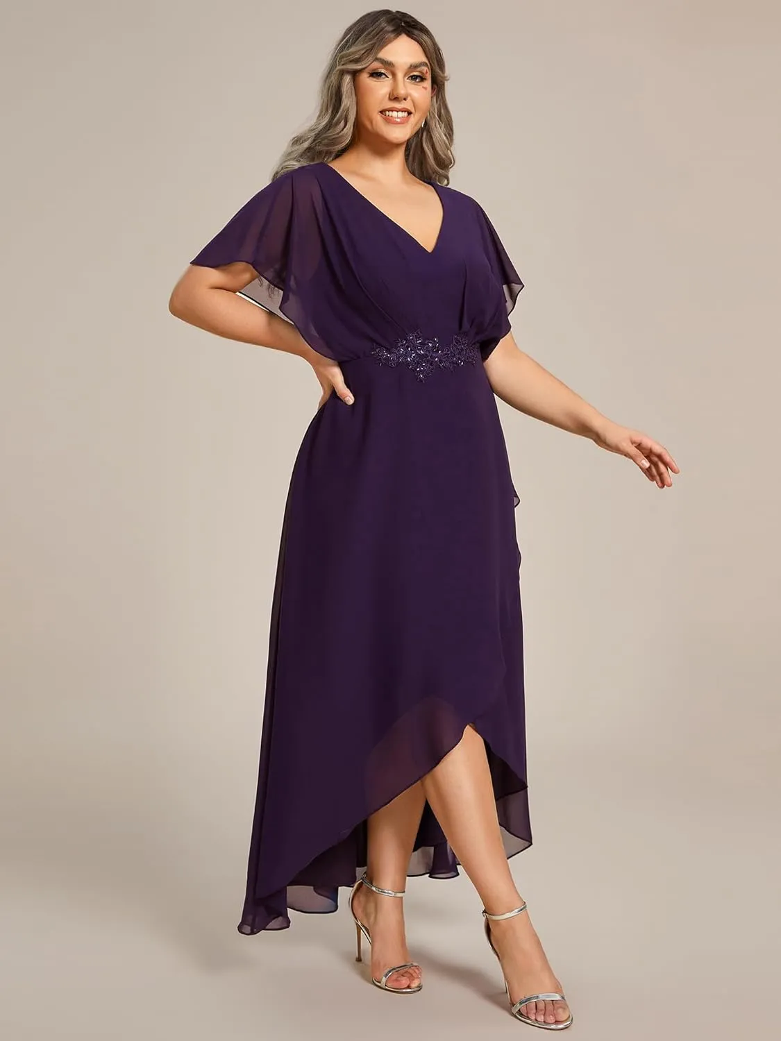 Ever-Pretty Women's Plus V Neck Applique Short Sleeves Maxi Formal Wedding Guest Dress