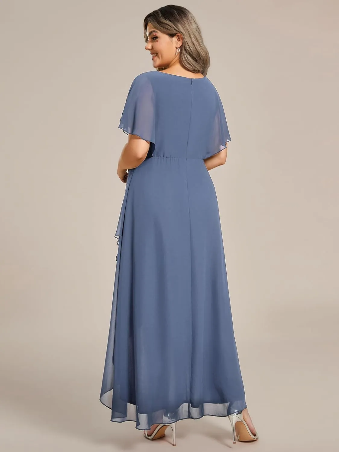 Ever-Pretty Women's Plus V Neck Applique Short Sleeves Maxi Formal Wedding Guest Dress