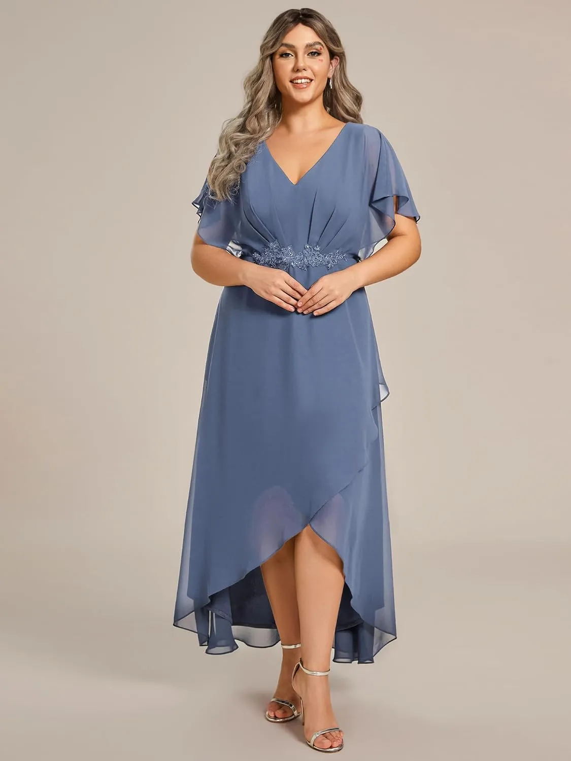 Ever-Pretty Women's Plus V Neck Applique Short Sleeves Maxi Formal Wedding Guest Dress
