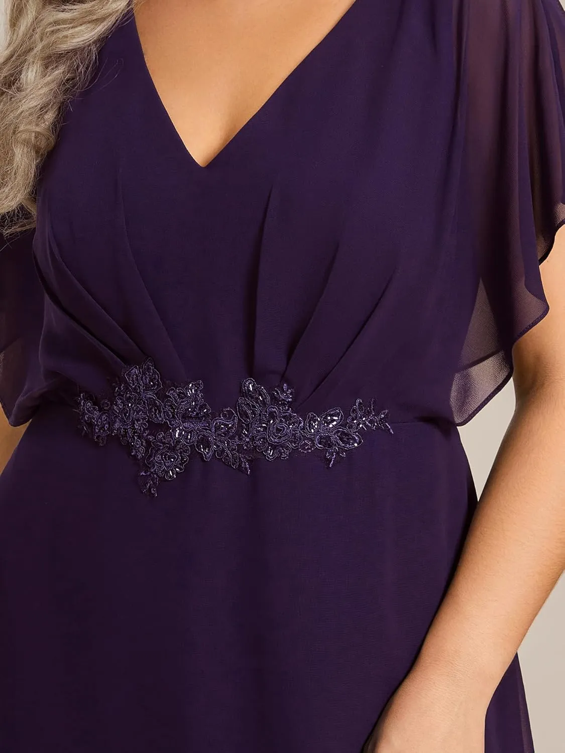 Ever-Pretty Women's Plus V Neck Applique Short Sleeves Maxi Formal Wedding Guest Dress