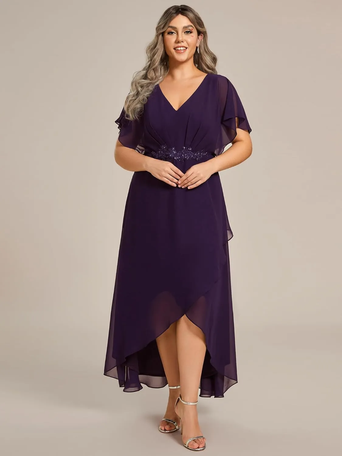 Ever-Pretty Women's Plus V Neck Applique Short Sleeves Maxi Formal Wedding Guest Dress